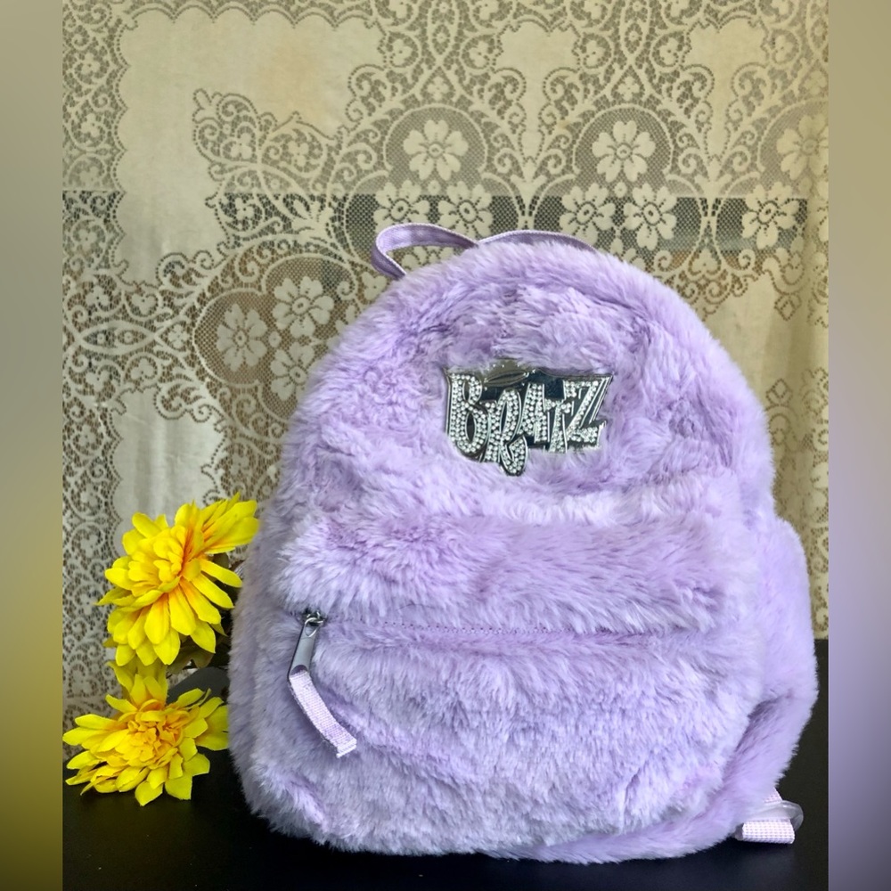Bratz fluffy lavender purple mini backpack Y2K 2000s faux fur zip up adjustable